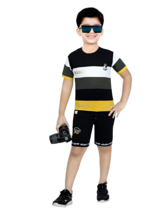 Kids Black Cotton Round Neck Tshirt with Shorts