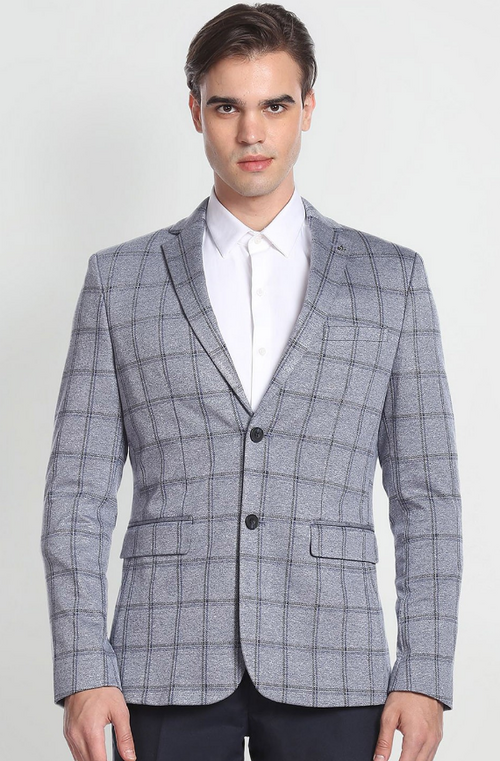 Men's Checked Notched Lapel Single-Breasted Knit Formal Blazer (Color