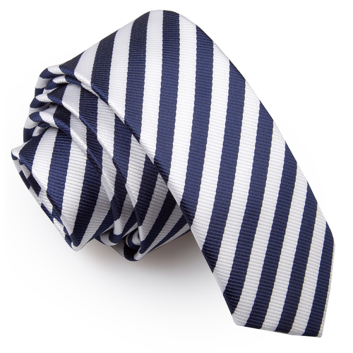 Thin Stripe Skinny Tie - White & Navy Blue