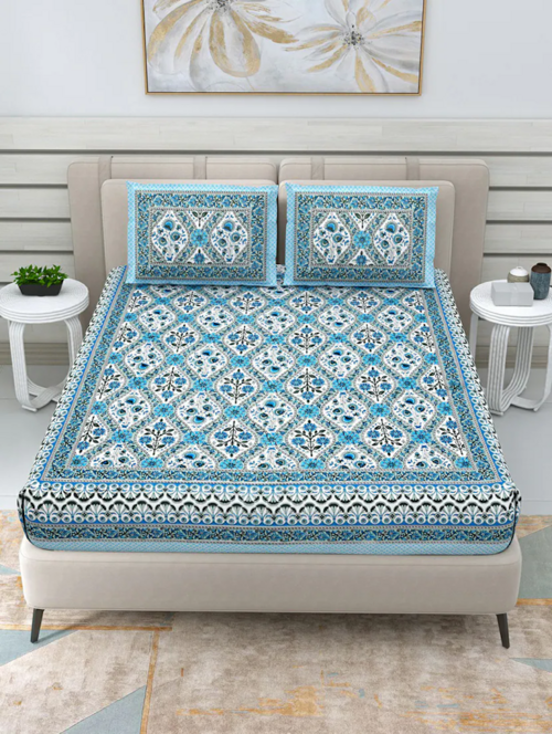 Hand Printed Double Bedsheet With Two Pillow Covers(blue)
