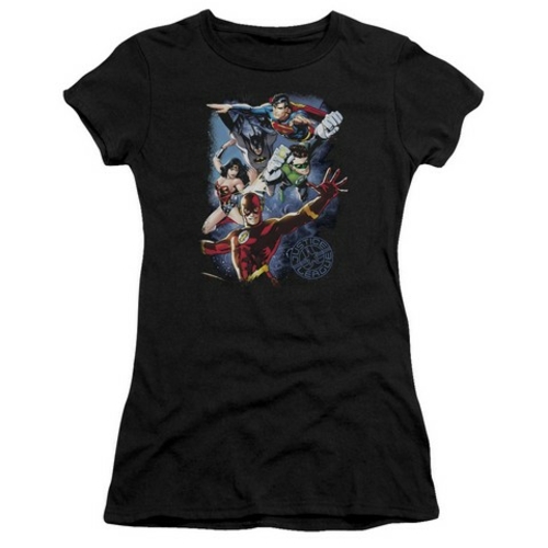 Trevco Jla-Galactic Attack Color Short Sleeve Junior Sheer Tee- Black 