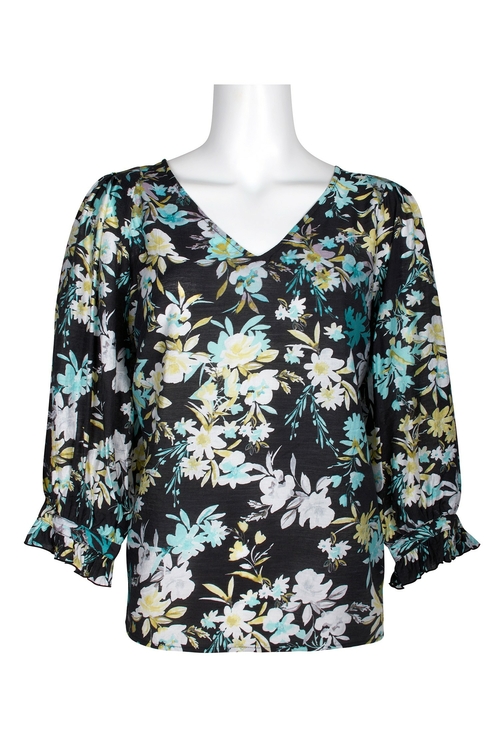 Zac & Rachel V-Neck Long Sleeve Floral Print Rayon Top