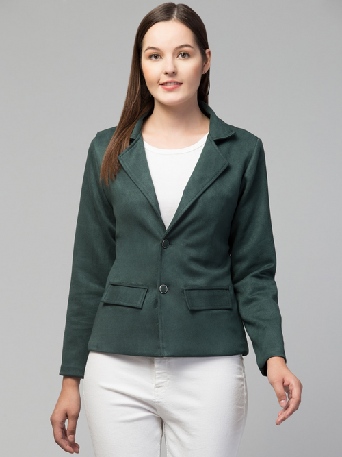 Women Classic Essential Linen Lapel Suede Jacket (Color Dark Green)