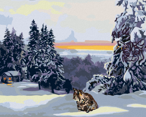 Zuty - Paint by Numbers - LYNX IN THE SNOW, CABIN AND FOREST (D. RUSTY
