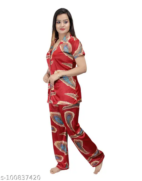 Women's & Girls Stylish Cotton Satin Printed Night Suit