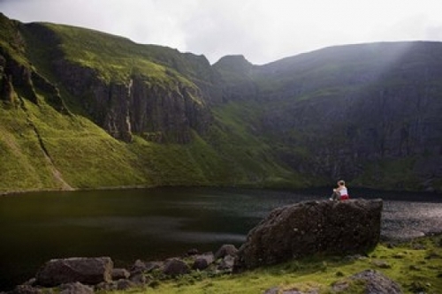 Panoramic Images PPI113699 Young Woman Meditating  Coumshingaun Lough 