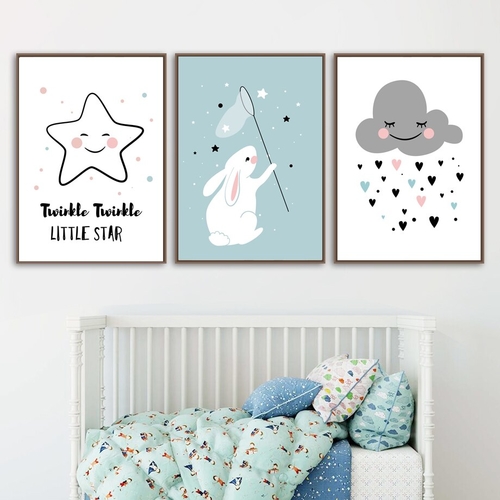 Cartoon Scandinavian Rabbit Cloud Star Wall Art