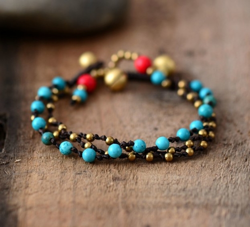 Bohemia Bracelets Handmade Stones Brass Beads Wax