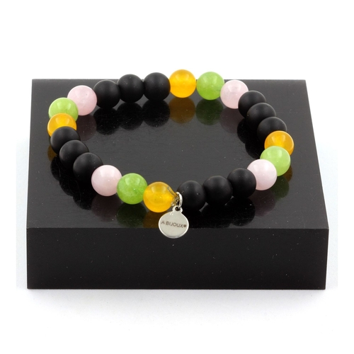 Pink Quartz + Yellow Agate + Peridot + Matte Black Onyx Bracelet