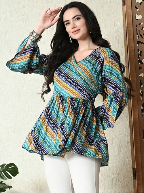 Women Bandhani Printed Bell Sleeves Rayon Tunic (Color Multicolor)