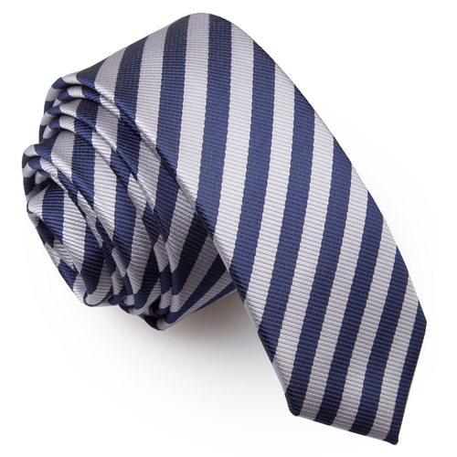 Thin Stripe Skinny Tie - Navy Blue & Silver