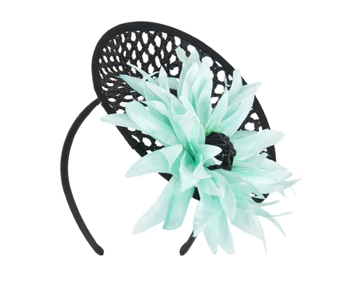 Black fascinator with aqua flower