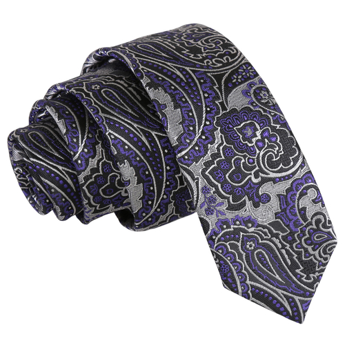 Royal Paisley Skinny Tie - Silver & Purple