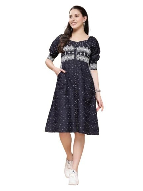 Denim Blue Geometric Print A-Line Dress (Size-2XL) (COLOR-BLUE)