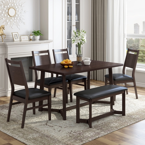 Farmhouse 6-Piece Wood Dining Table Set with 4 Upholstered Chairs and