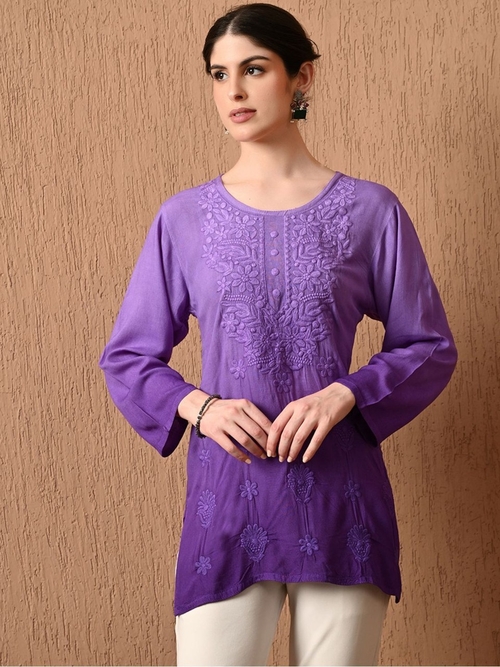 Women Round Neck Embroidered Ombre Rayon Tunic (Color Purple) (Size