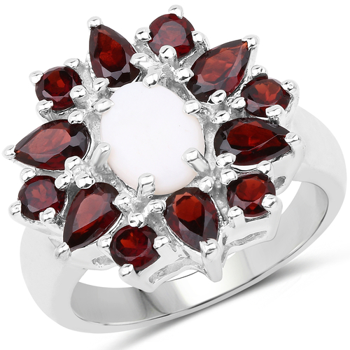 3.02 Carat Genuine Opal and Garnet .925 Sterling Silver Ring