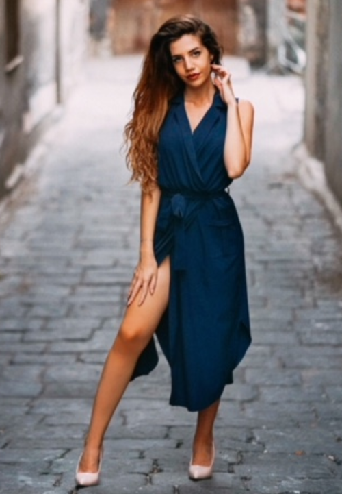 Blue Sleeveless Shirt Long Dress with Pockets