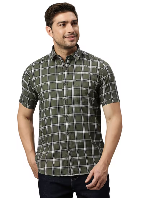 Men Half Checkered Casual Shirt  (Size-S) (Color-Olive)