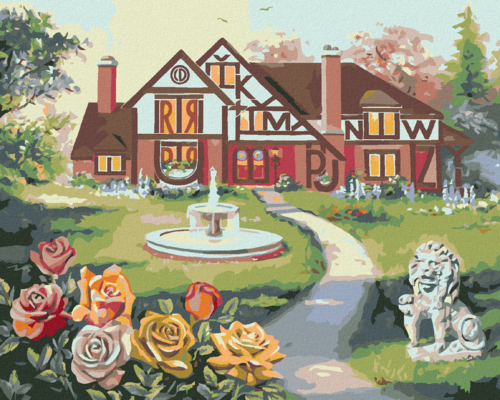 Zuty - Paint by Numbers - HOUSE WITH LETTERS AND FOUNTAIN, ROSE AND