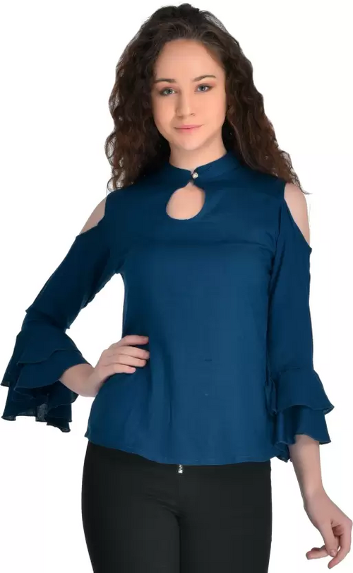 Casual Cold Shoulder Sleeves Solid Women Top (Size-M) BLUE)
