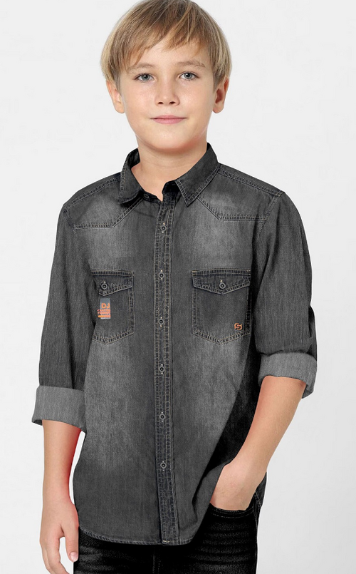 Boys Standard Spread Collar Solid Denim Casual Shirt (Color Grey)