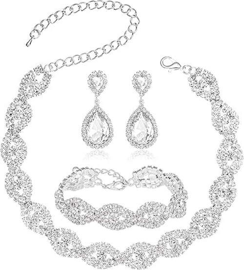 3/4 Pieces Rhinestone Crystal Bride Statement Choker Necklace