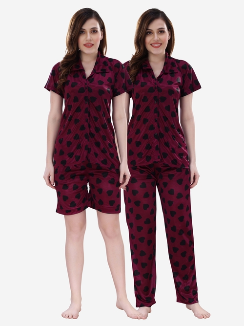 Romaisa Women's Satin Printed Magenta Top and Pyjama with Shorts