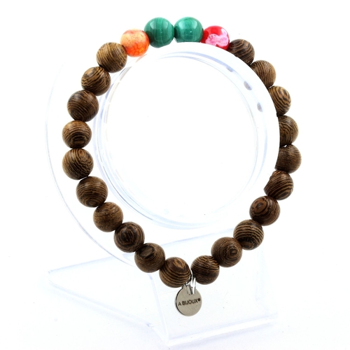 Malachite + Multicolor cracked Agate + wood Bracelet 8 mm Beads.