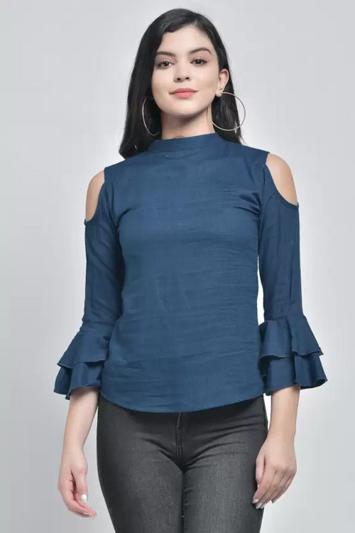 Casual Cold Shoulder Sleeves Self Design, Solid Top (Size-M) BLUE)