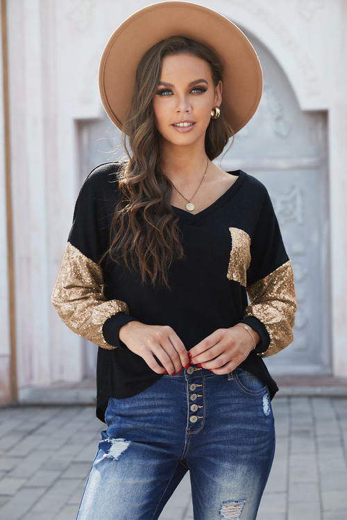 Sequin Splicing Black V Neck Bishop Sleeves Top