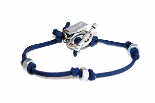 Mens bracelet in blu navy deerskin and bolt nuts