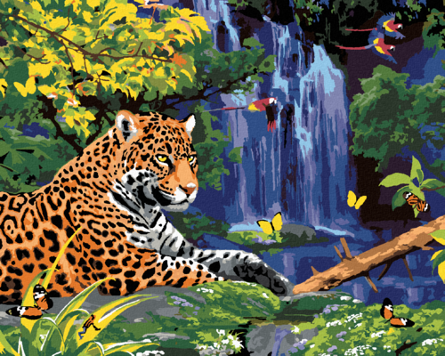 Paint by Numbers - JAGUAR AT THE WATERFALL AND PARROTS (HOWARD