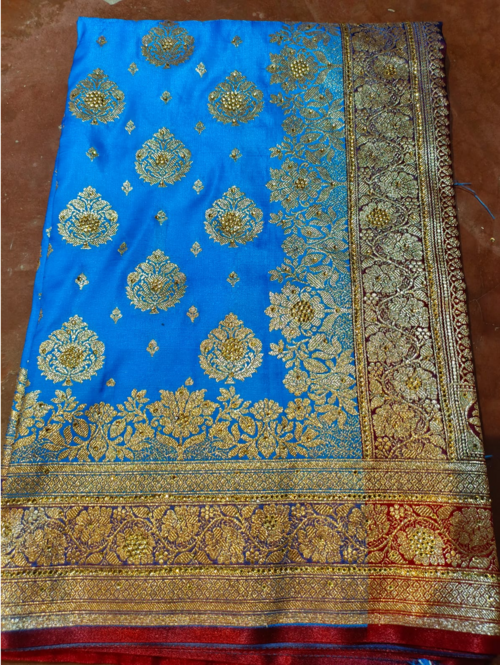 Wome's Nylon Zari Work And Stone Work Saree Blue