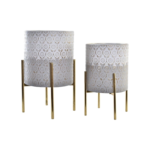 Set of pots DKD Home Decor Grey Golden Metal White Bicoloured Iron