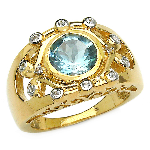 14K Yellow Gold Plated 3.42 Carat Genuine Blue Topaz & White Topaz