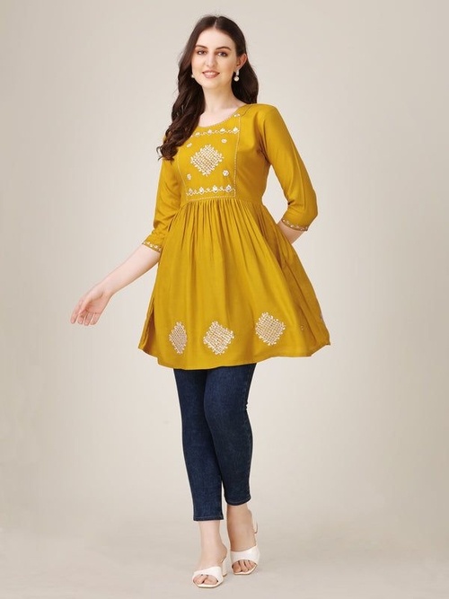 Women Embroidered Rayon Top (Size-42) (Color-MUSTARD)