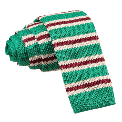 Knitted 3 Thin Stripe Skinny Tie - Knitted Green with Burgundy & White