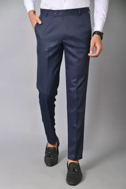 Men Regular Fit Dark Blue Cotton Blend Trousers (Size L)