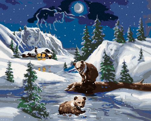 Zuty - Paint by Numbers - BEAR BY THE RIVER, CABIN AND THE MOON (D.