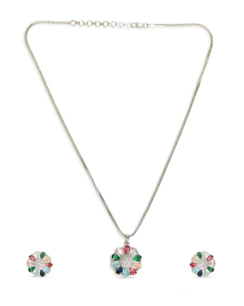 Silver-Plated Stone-Studded Necklace & Earrings Set