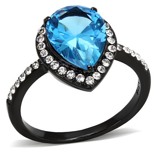 Women IP Black Stainless Steel Ring with Synthetic in Sea Blue - Size 