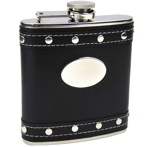 Silver Stud Black Faux Leather Hip Flask