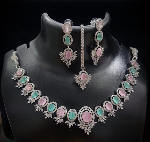 Sea Blue Stone Women Necklace Set With Long Maang Tika & Two Drop