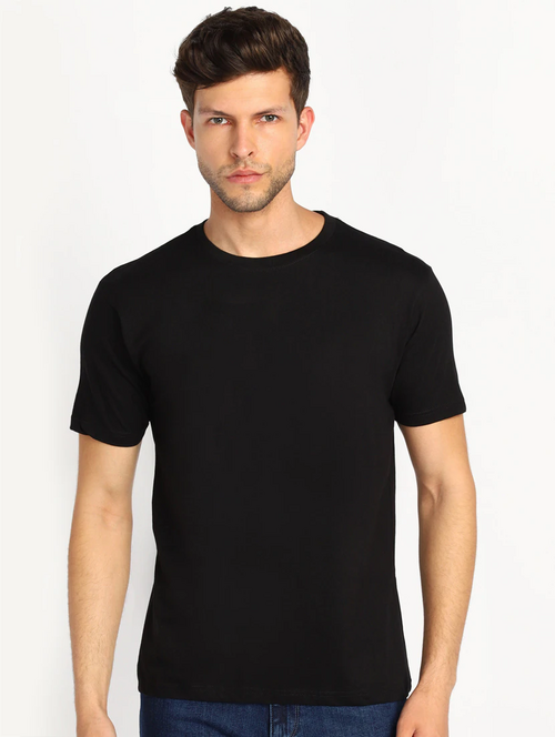 Men Solid Half Sleeves Round Neck Cotton Black T-Shirt (Size L)
