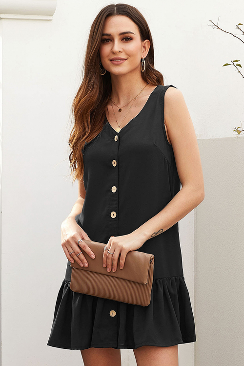 Black Pocketed Button Down Tank Dress