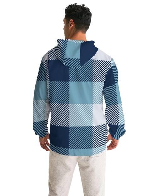 Mens Hooded Windbreaker - Tartan Plaid Blue Water Resistant Jacket