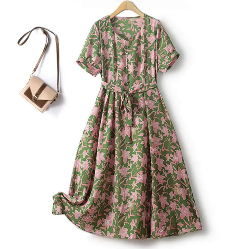 Summer New V Neck Female Dress Big Flower High Waist Big Swing Drape