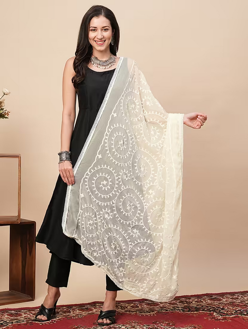 women's off-white embroidered fringed lace dupatta