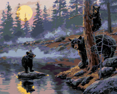 Zuty - Paint by Numbers - BEAR AND CUBS BY THE WATER (DARRELL BUSH),